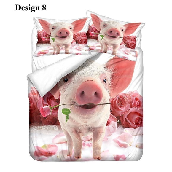 Rose Flower Pig Piglet Birthday Gift Quilt Duvet Cover Set Bed Linen3-Piece Bedding Set