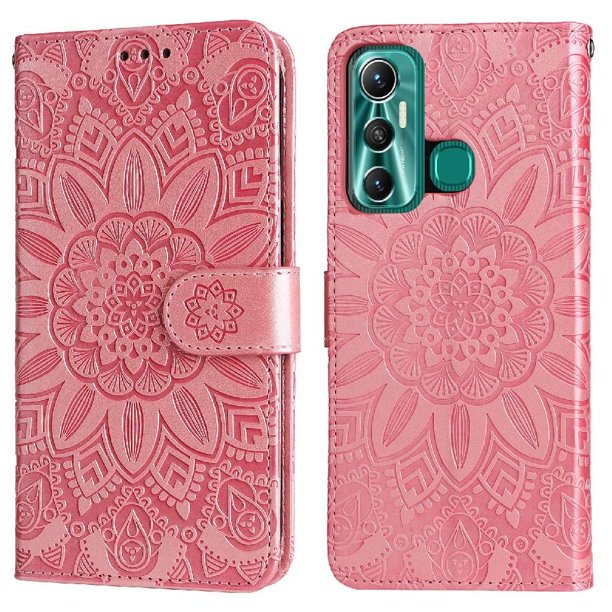 Funda tipo cartera FOXDOCK para Infinix Hot 11 , diseño girasol en relieve, cuero PU, cierre magnético, soporte y tarjetero