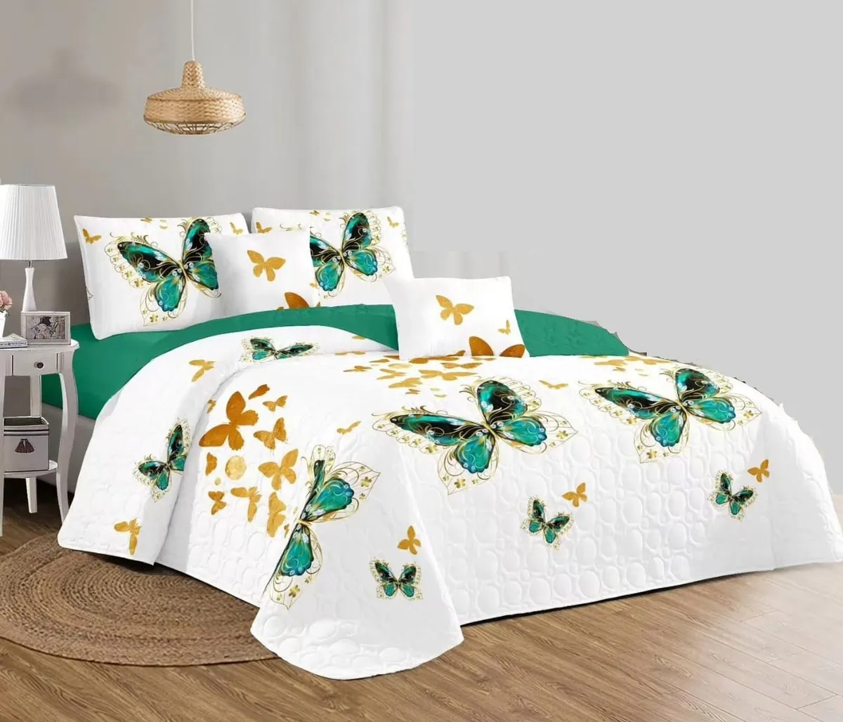 Casadeliacl - Cubrecama Quilt Delgado2 Plaza Diseño Modernos Tf Mariposa Verde / Blanco