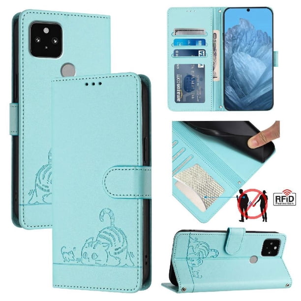 Funda tipo cartera FOXDOCK para Google pixel 5 con soporte, ranuras, RFID, diseño de gato