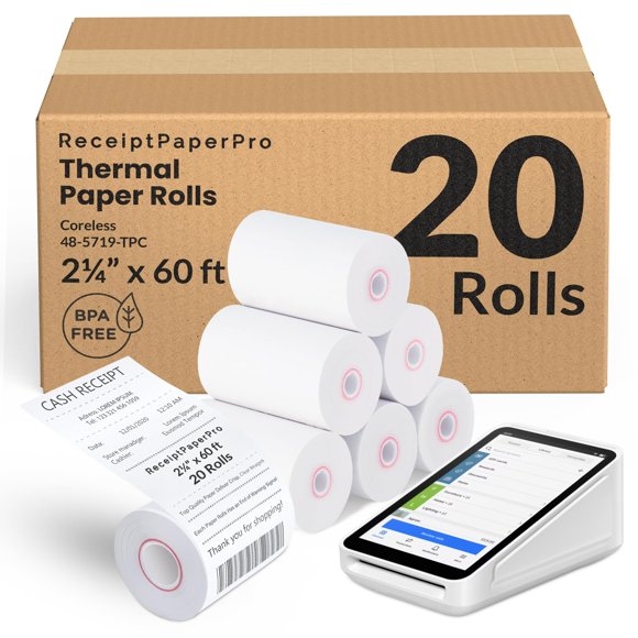 ReceiptPaperPro Rollos de Papel Térmico sin Núcleo 2 1/4" x 60 ft para Terminal Square, 20 rollos