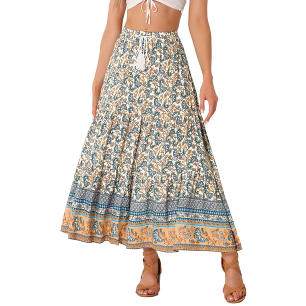 INSPIRE CHIC Falda Boho para Mujer Casual Campesina Floral Bohemia con Borlas Cintura Elástica Faldas Maxi M Beige