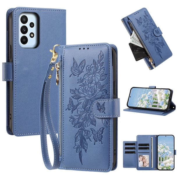 Funda Billetera Floral en Relieve samsung galaxy A23 4G con Tarjetero y Cremallera Azul