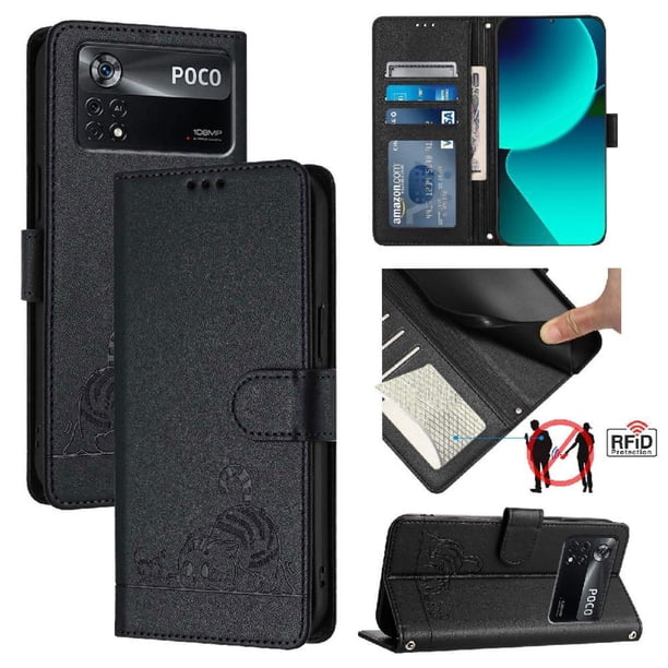 Funda tipo cartera FOXDOCK para Xiaomi POCO X4 PRO 5G con soporte, ranuras, RFID, diseño de gato