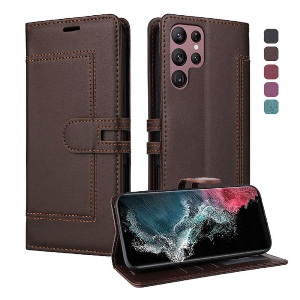 Premium Wallet Case for Samsung Galaxy S24 Ultra with Card Slots & Kickstand, Flip Cover Brown