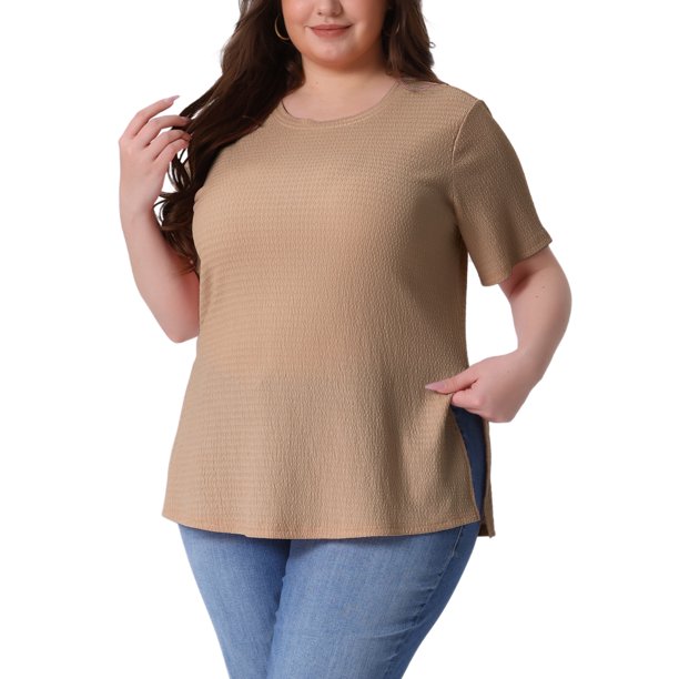 Agnes Orinda Camisetas de Mujer Tallas Grandes con Abertura Lateral Textura Cuello Redondo Manga Corta Blusa Casual Túnica 4X Caqui