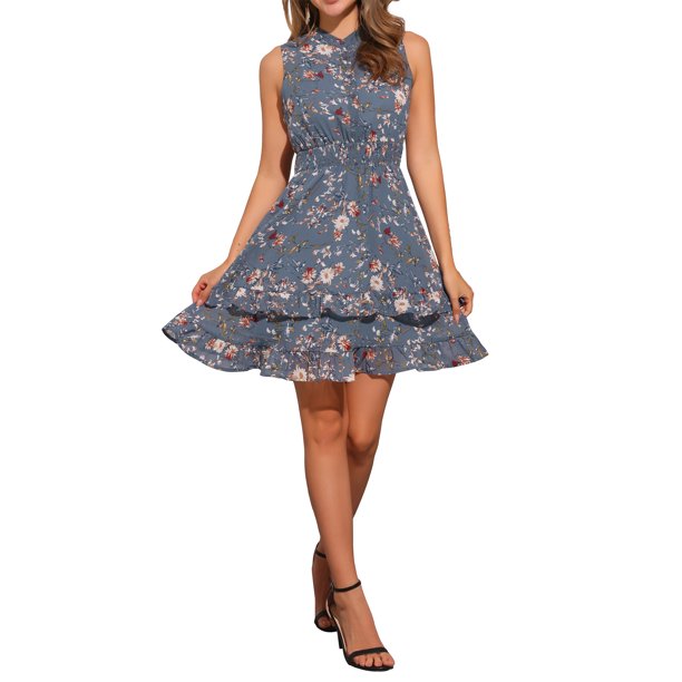 INSPIRE CHIC Vestidos de Chifón para Mujer Vestido Mini de Línea A sin Mangas con Flores Chic Fruncido L Gris Azul Flor