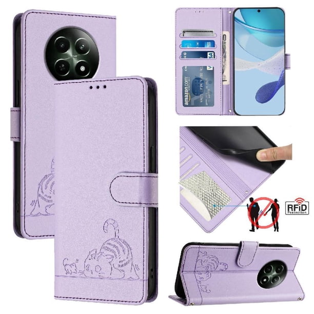 Funda tipo cartera FOXDOCK para Realme 12 5G con soporte, ranuras, RFID, diseño de gato