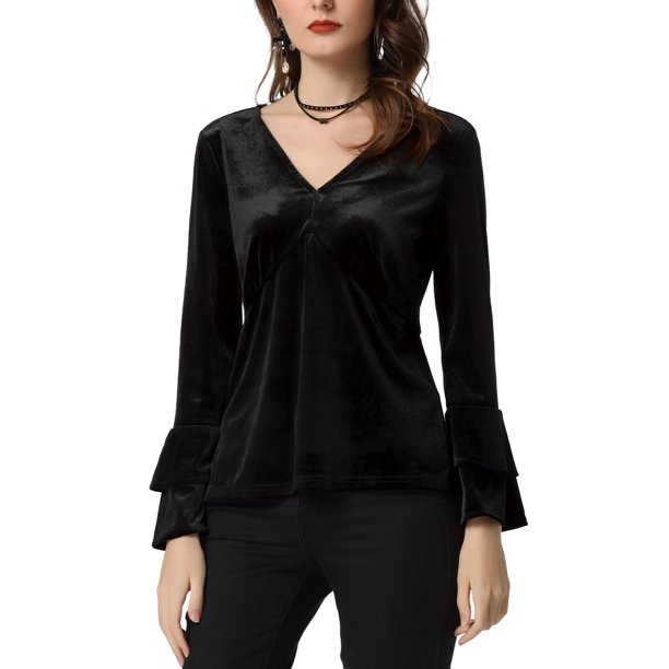 INSPIRE CHIC Blusa de terciopelo con cuello en V para mujer de Navidad, fiesta de Halloween, manga larga acampanada, peplum, talla S, negro