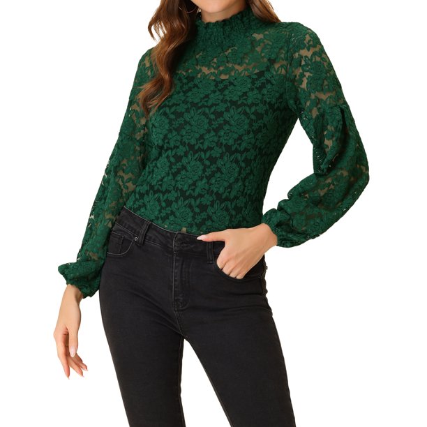 INSPIRE CHIC Blusa de Encaje Floral para Mujer con Cuello Alto, Mangas Largas Abullonadas y Transparente M Verde Oscuro