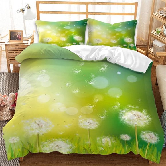 v774 Bed Sheets Dandelion Duvet Cover Set Spring Green Branch Garden Leaves Bedding Set Microfiber Botanical Comforter Cover King Bedroom Decor 3-Piece Bedding Set (1 Duvet Cover + 2 Pillow Shams) Bed