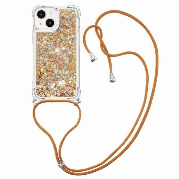 Funda FOXDOCK para iPhone 14 con Cuerda Ajustable, Brillo Líquido, Protección Antigolpes y Lente – Ideal para Regalo
