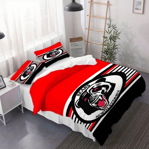3pcs North Sydney Bears Logo Duvet Cover Set - Vibrant Red Bedding with Zipper Closure Machine Washable Polyester