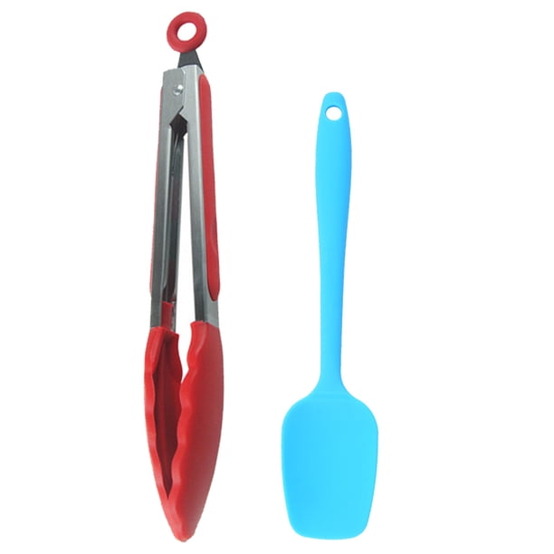 Juego de 2 utensilios de cocina de silicona con mangos redondeados de cobre.