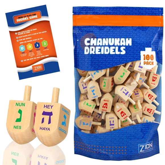 Juego de Janucá Zion Judaica Ltd de Wood Dreidels, tamaño mediano, paquete de 100 unidades