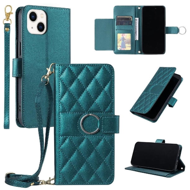 Funda tipo billetera FOXDOCK para iPhone 14 Plus – Tapa abatible con correa para mujer