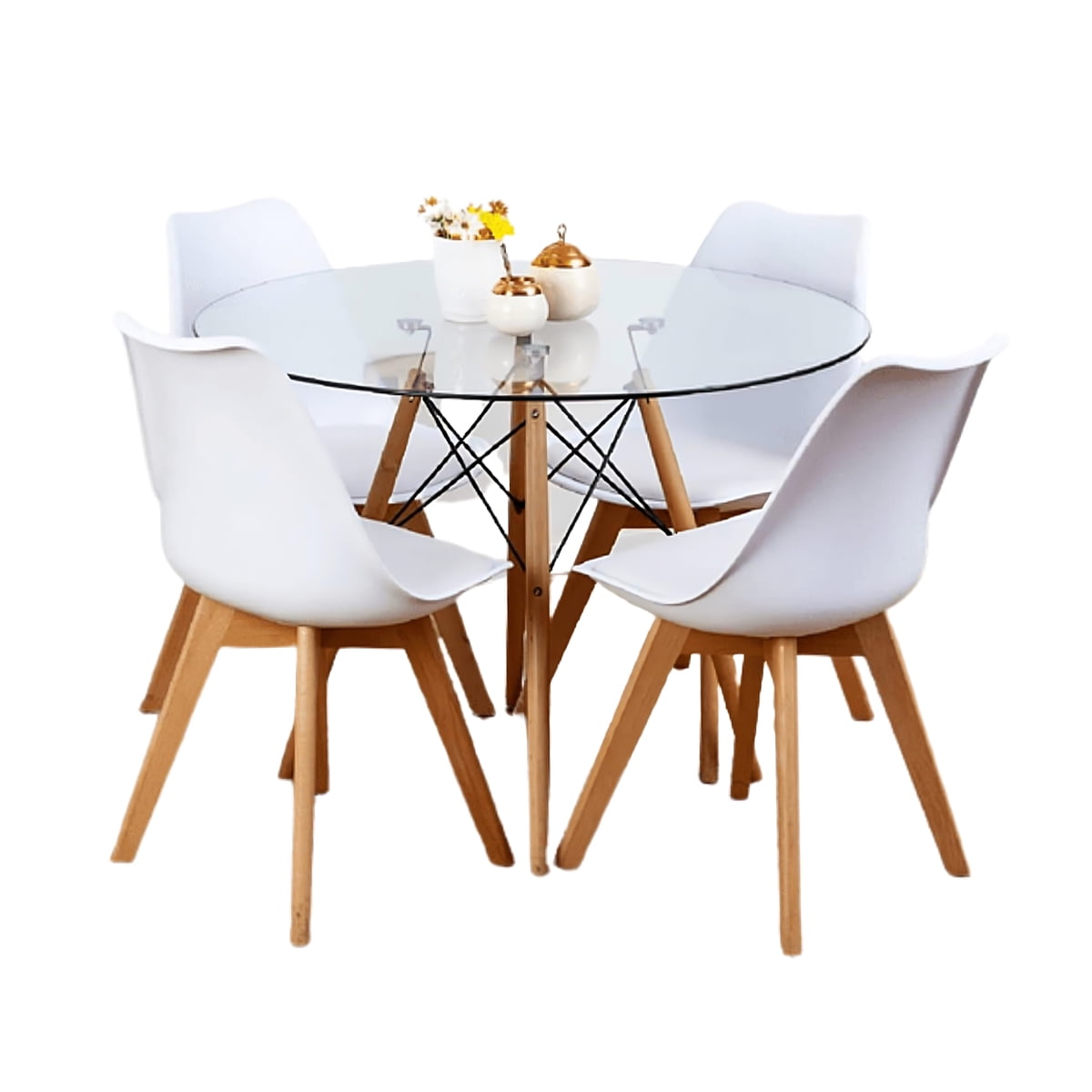 Klik Muebles - Comedor Mesa Eames Vidrio 100 Cm + 4 Sillas Tulip Blancas