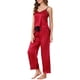 thumbnail image 4 of INSPIRE CHIC Conjunto de Pijama de Satén de 3 Piezas para Mujer, Top de Cami con Cuello en V Sedoso con Pantalones Palazzo y Máscara para Dormir, Ropa de Casa para Primavera Verano XL Rojo, 4 of 6
