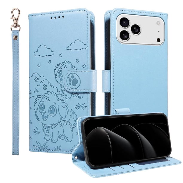 Funda Cartera para iPhone 17 Pro Max Perro Cachorro Grabado con Tarjetas Soporte Correa Azul