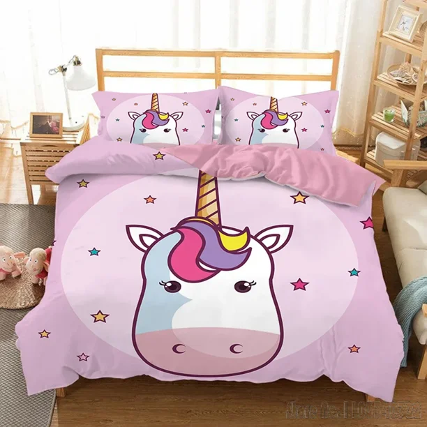 x1678 Bed SheetsHot Sale Cartoon Unicorn Kids Girls Pink Duvet Cover Set HD Comforter Cover for Kids Bedding Sets Bedclothes Bedroom Decor 3-Piece Bedding Set (1 Duvet Cover + 2 Pillow Shams) nj1678