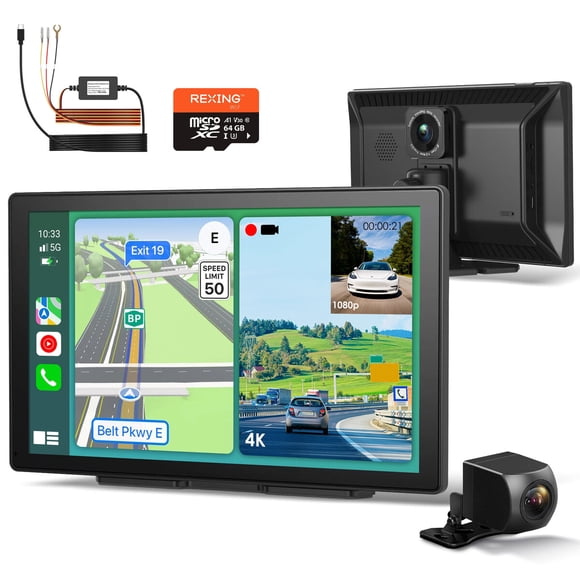 Rexing - Cámara para automóvil 4K + 1080p con CarPlay y Android Auto, Wi-Fi