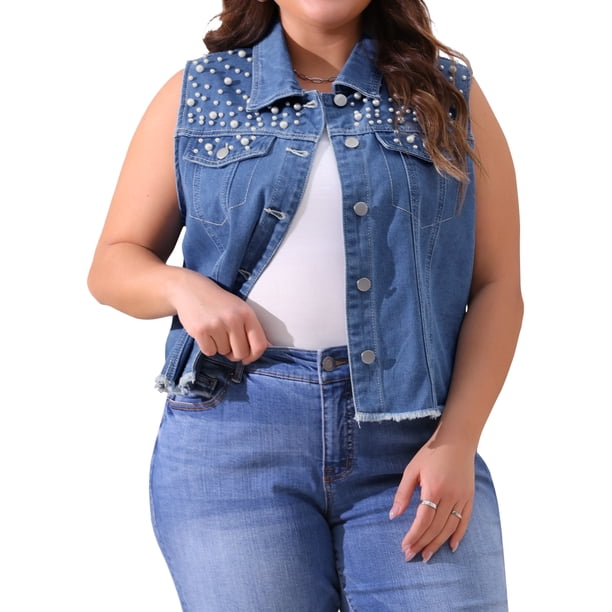 Chaleco de mezclilla recortado sin mangas con botones de perlas bordados y desgastados para mujer de talla grande Agnes Orinda, chaqueta casual de jean con decoración de bolsillo 2X azul claro
