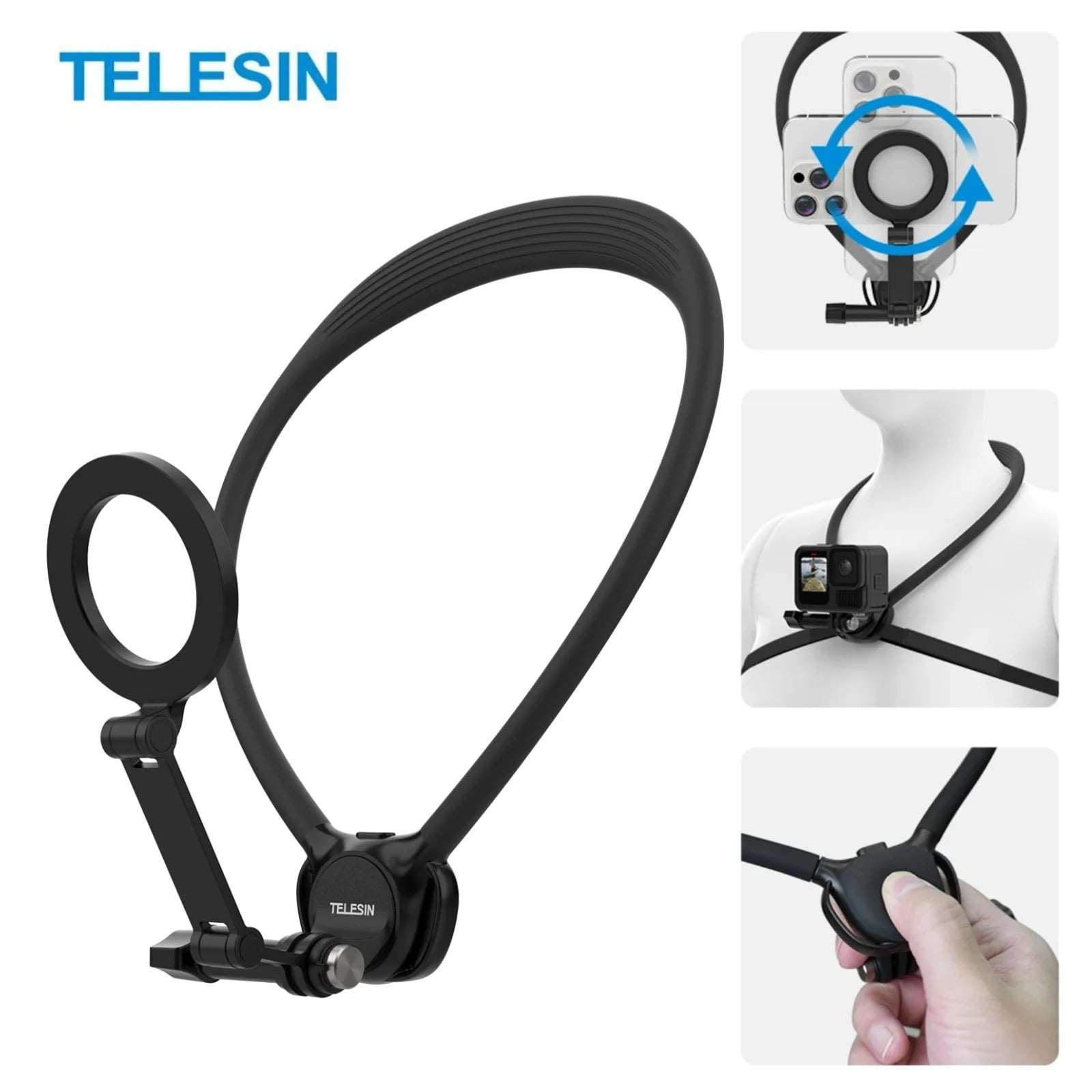 Telesin - Soporte Cuello Magnético 2x1 Para Smartphone Y Cámaras Gopro
