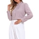 thumbnail image 4 of INSPIRE CHIC Top con volantes para mujer con cuello alto, ribete plisado, manga larga abullonada y botones en blusas vintage M Gris Rosa, 4 of 6