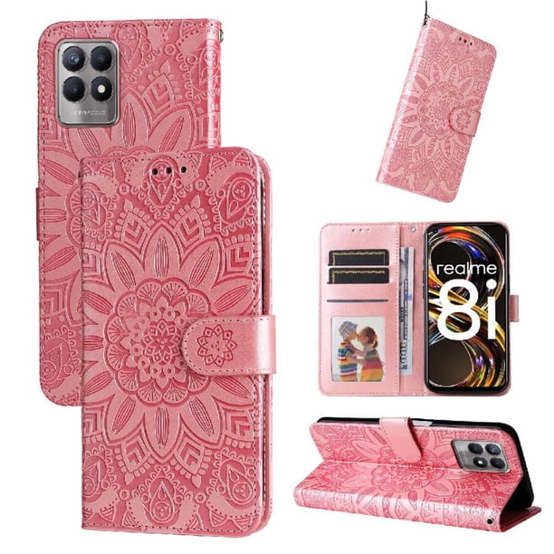 Funda tipo cartera FOXDOCK para Realme 8i , diseño girasol en relieve, cuero PU, cierre magnético, soporte y tarjetero