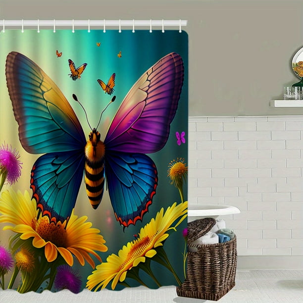 1pc Sunflower Butterfly Shower Curtain with 12 Hooks and Non-Slip Absorbent Rug - Complete Bathroom Decor Set with Toilet Lid Cover Pad and U-Shape Mat
