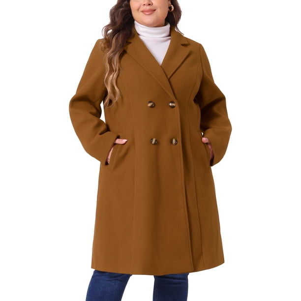Abrigos largos de mujer talla grande Agnes Orinda con solapa con muescas, abrigo de invierno de doble botonadura con bolsillos 3X marrón