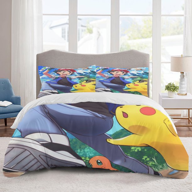 Poke mon Bedding Sets Cartoon Duvet Cover Lightweight 3 Piece Bet Sets for Kids Boys Girls