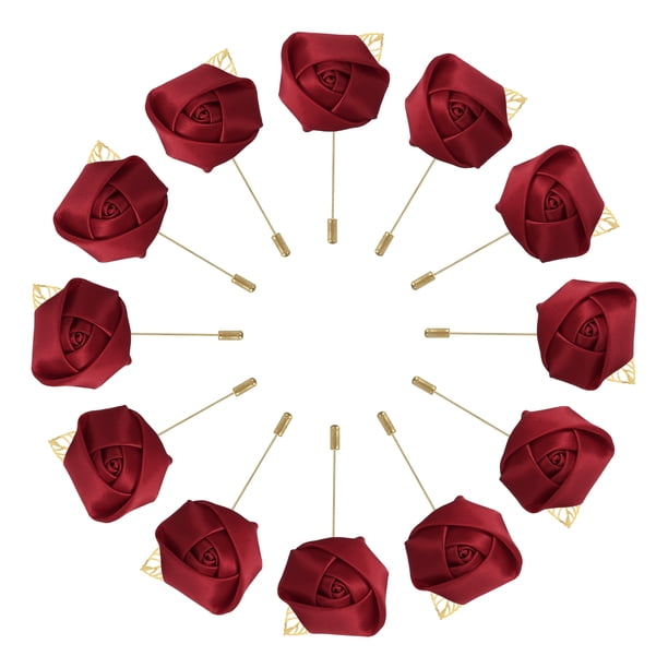 12 Pcs Boutonnieres de Rosa para Novio, Pines para Hombres, Boda, Aniversario, Cena Formal, Fiesta, Rojo Vino