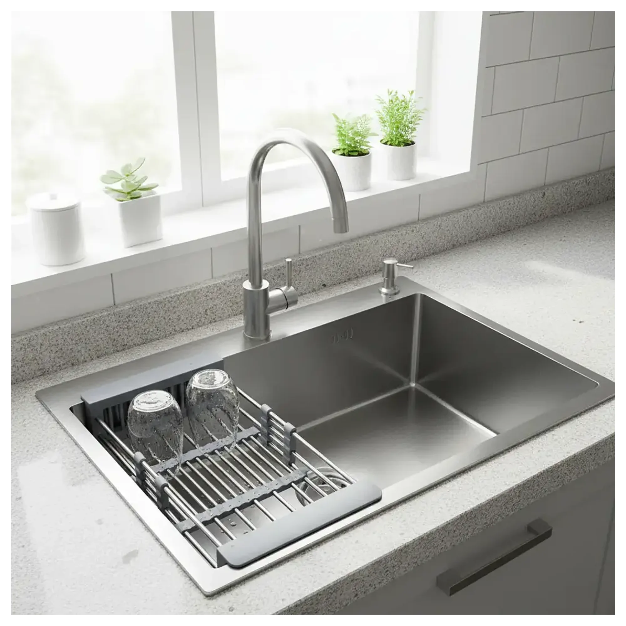 Modern Space - Lavaplatos 75x45 Cm Deluxe Acero Inoxidable Color Plateado 2mm Espesor Con Rejilla Escurridora, Dispensador De Jabón Y Griferia Inox