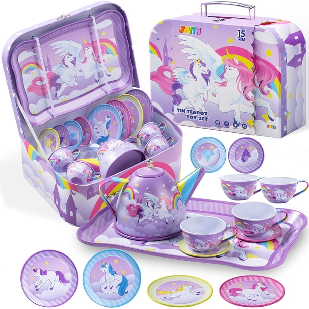 Set para fiesta de té JOYIN, tetera de hojalata morada con forma de unicornio para niños