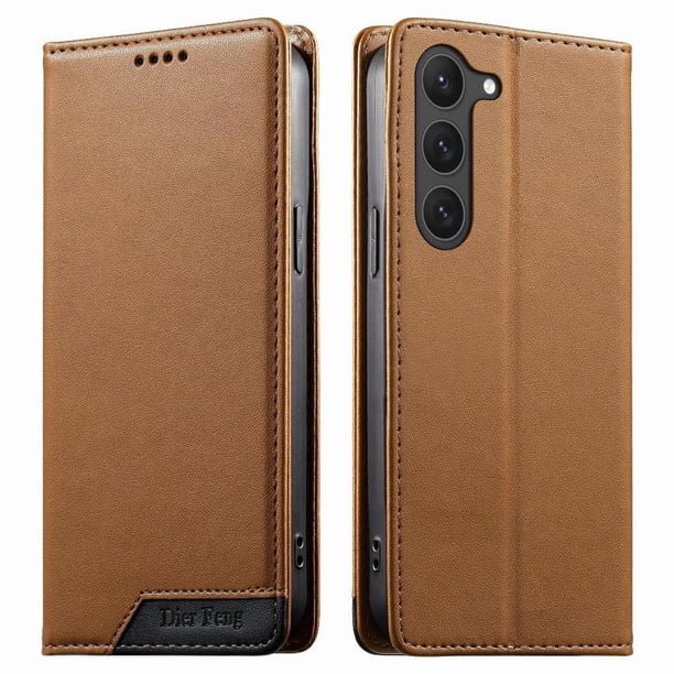 Funda Tipo Cartera de Cuero Sintético para Samsung Galaxy S23 Bloqueo RFID, con Ranuras para Tarjetas y Bolsillo para Efectivo, Cierre Magnético Fuerte Marrón