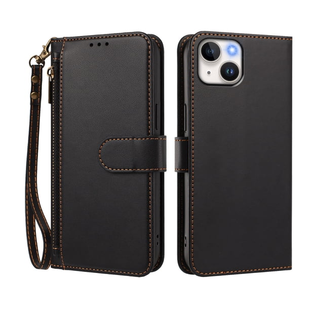 Funda Tipo Billetera para iphone14 con Soporte y Bolsillo con Cierre Negro