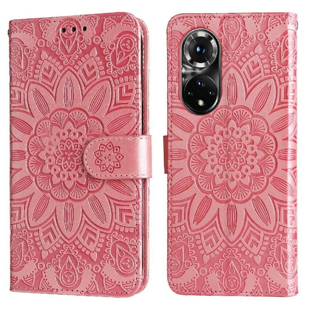 Funda tipo cartera FOXDOCK para Honor 50 Pro , diseño girasol en relieve, cuero PU, cierre magnético, soporte y tarjetero