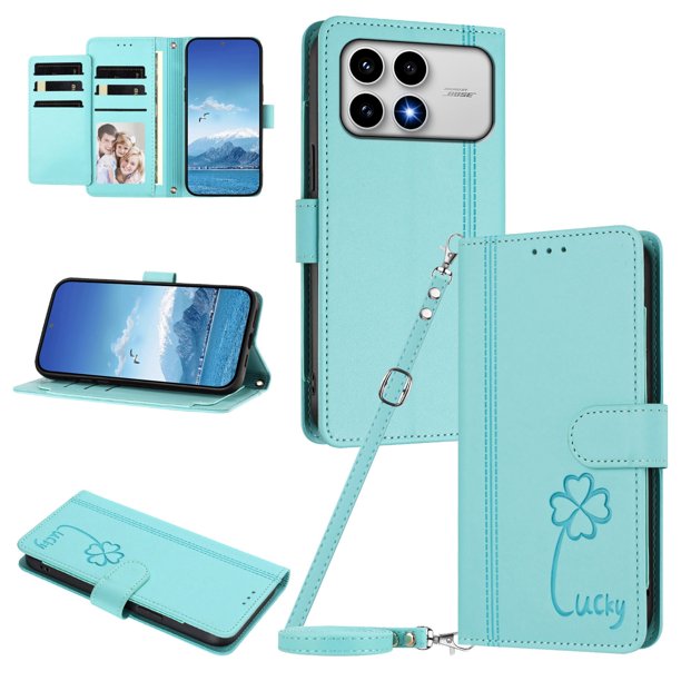 Funda Cartera Trébol para Xiaomi Poco F8 Pro con Ranuras Tarjetas y Carga Inalámbrica Verde menta