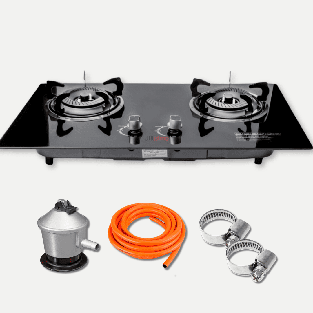 Line - Cocina Encimera A Gas Licuado 2 Platos Tope De Vidrio Con Chispero+kit De Instalación