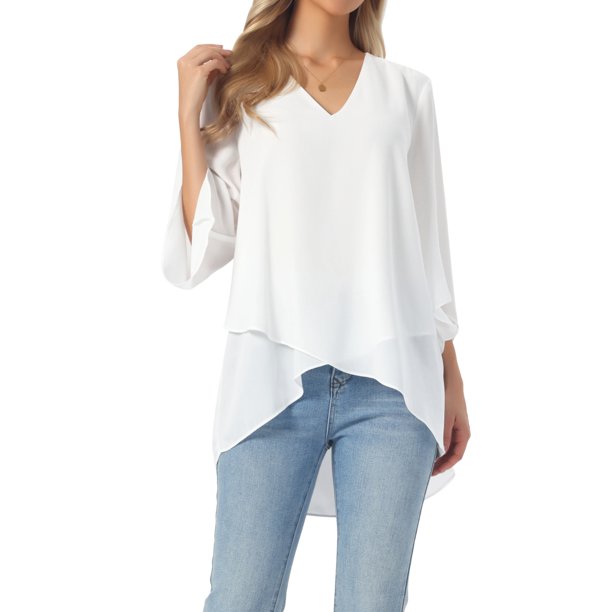 INSPIRE CHIC Blusa de Mujer con Mangas de Campana 3/4, Cuello en V, Dobladillo Asimétrico, Casual Elegante, Talla M, Blanca