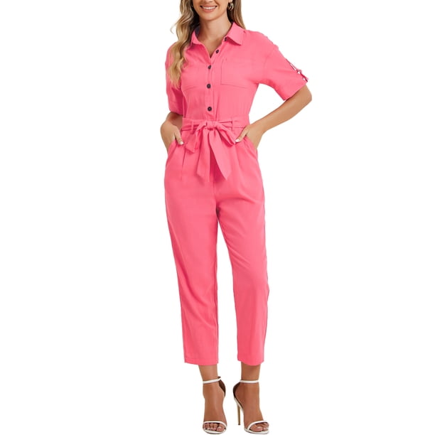 INSPIRE CHIC Mono de Mujer para Regreso a Clases de Manga Corta con Cuello, Botones, Cinturón en la Cintura, Algodón, Estilo Cargo, Talla XL, Rojo Sandía