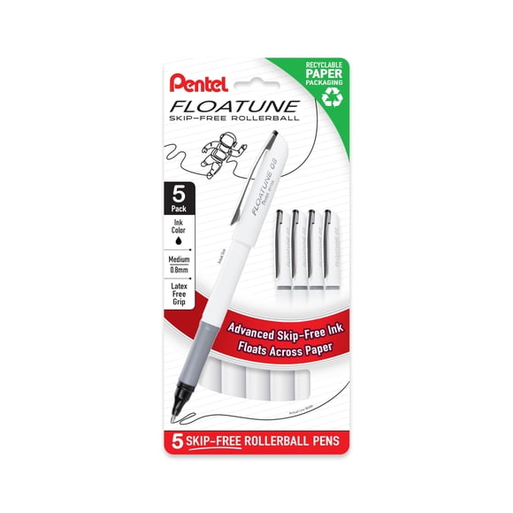Pentel Floatune Rollerball, punta media 0.8 mm, tinta negra, paquete de 5 (BY108PF5A)