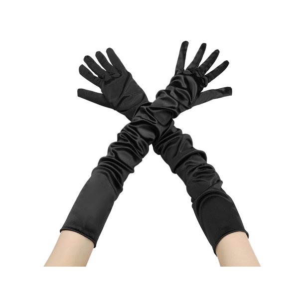 INSPIRE CHIC Guantes de satén extra largos para mujer, longitud del brazo, dedos completos, guantes de noche de los años 1920 para fiesta de baile, negro, talla única