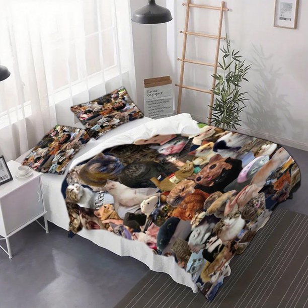 3pcs Assorted Cat Expression Collage Duvet Cover Set - bedding Suitable for Bedrooms And Guest Rooms. Soft And Comfortable Duvet Cover a Perfect Gift for Family And Friends