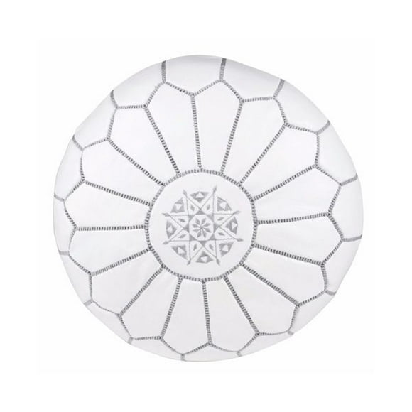 Puff de cuero blanco - bordados gris