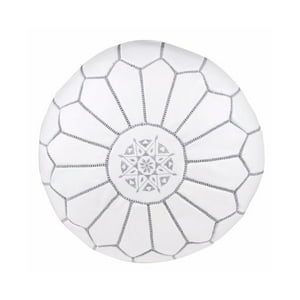 Made In Marruecos - Puff De Cuero Blanco - Bordados Gris