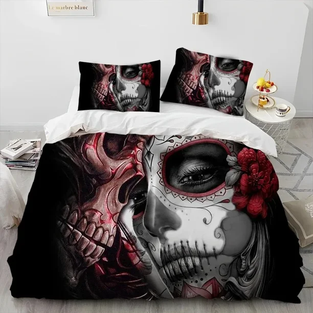 Horror Gothic Female Skull Dead Girl Comforter Bedding Set Duvet Cover Bed Set Quilt Cover Pillowcase,Size Bedding Set Bed Sheets
