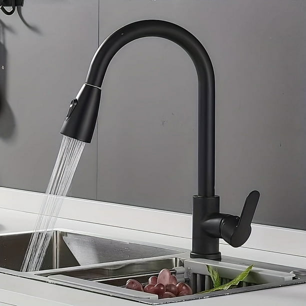 1pc, 304 Stainless Steel Black Pull-out Faucet, Kitchen Sink Hot And Cold Retractable Faucet, 360°rotating Pull-out Faucet, Two Modes To Adjust The Water