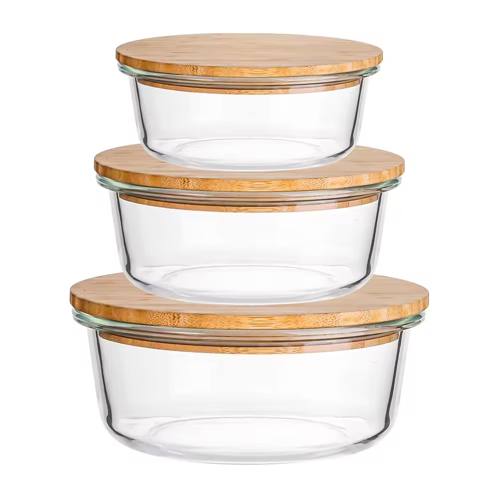 Genérico - Recipiente De Vidrio Para Almacenamiento De Alimentos Con Tapa De Bambú Circular